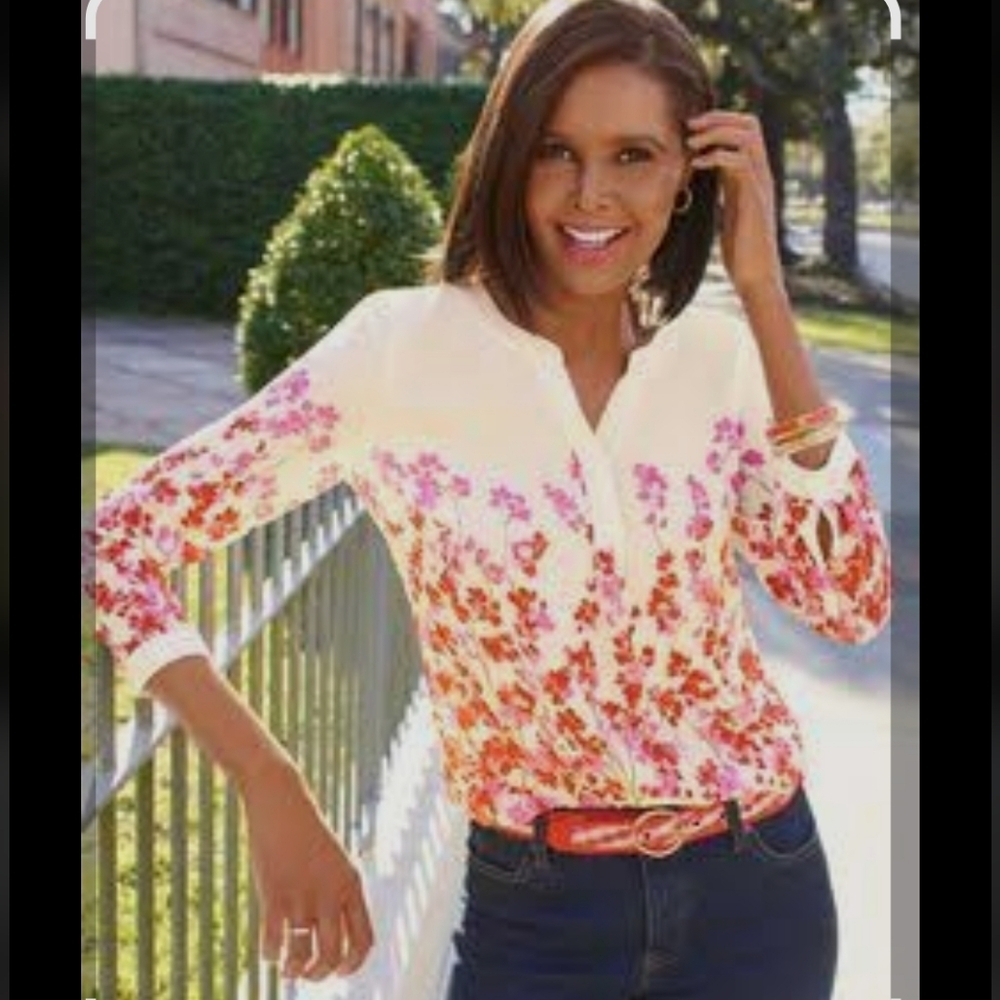 Talbots Cream Blouse with Pink Floral Accents